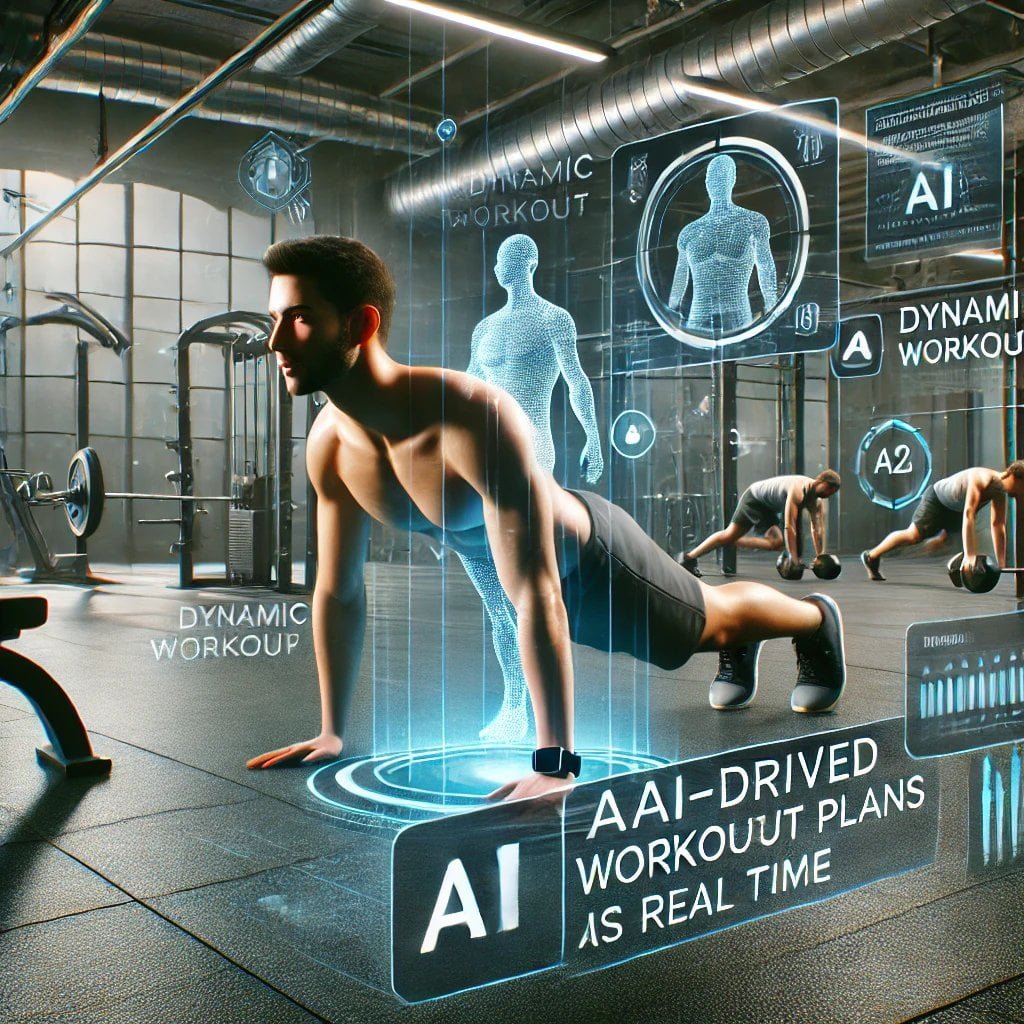 3D image of a man working out in a futuristic gym with AI-driven fitness dashboard, adjusting workout intensity and complexity based on progress. The AI monitors strength training, push-ups, and real-time fitness growth.