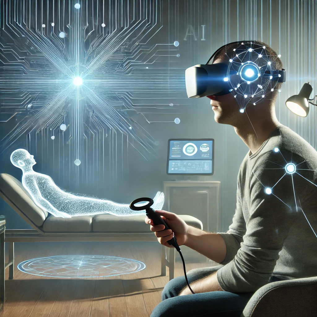 Person using a virtual reality headset for AI-assisted exposure therapy to manage anxiety and confront triggers