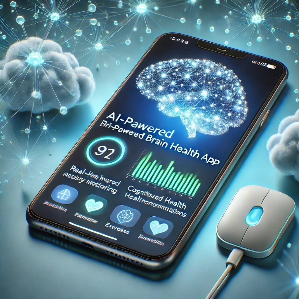 AI-powered brain health app on a smartphone, displaying brain activity monitoring and cognitive exercises for Alzheimer’s prevention