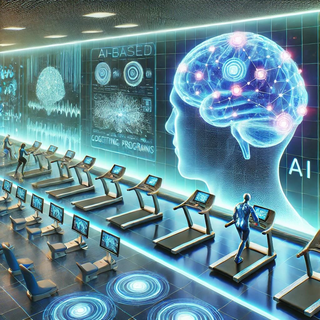Futuristic brain gym showcasing AI-powered cognitive training programs with glowing neural networks and real-time brain performance metrics
