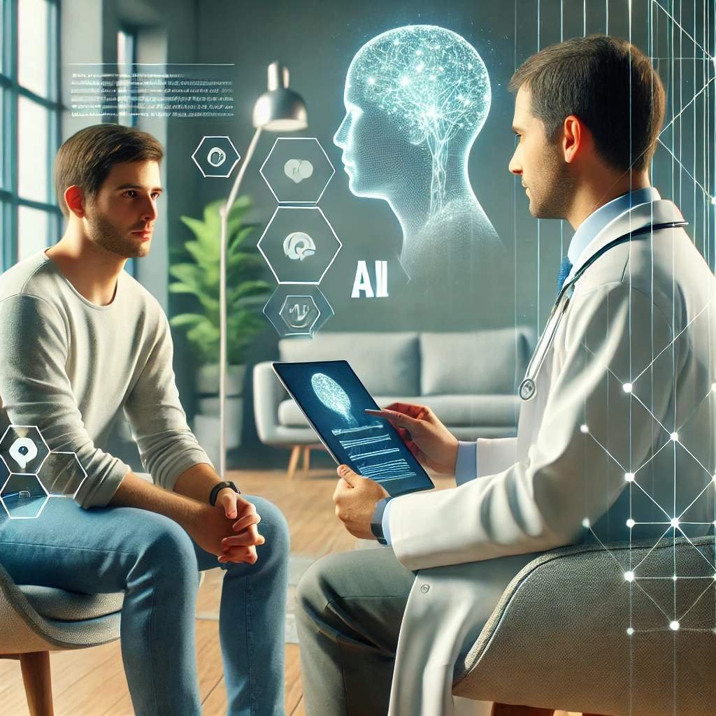 A doctor consulting a patient using AI-driven therapy tools in a modern mental health treatment setting