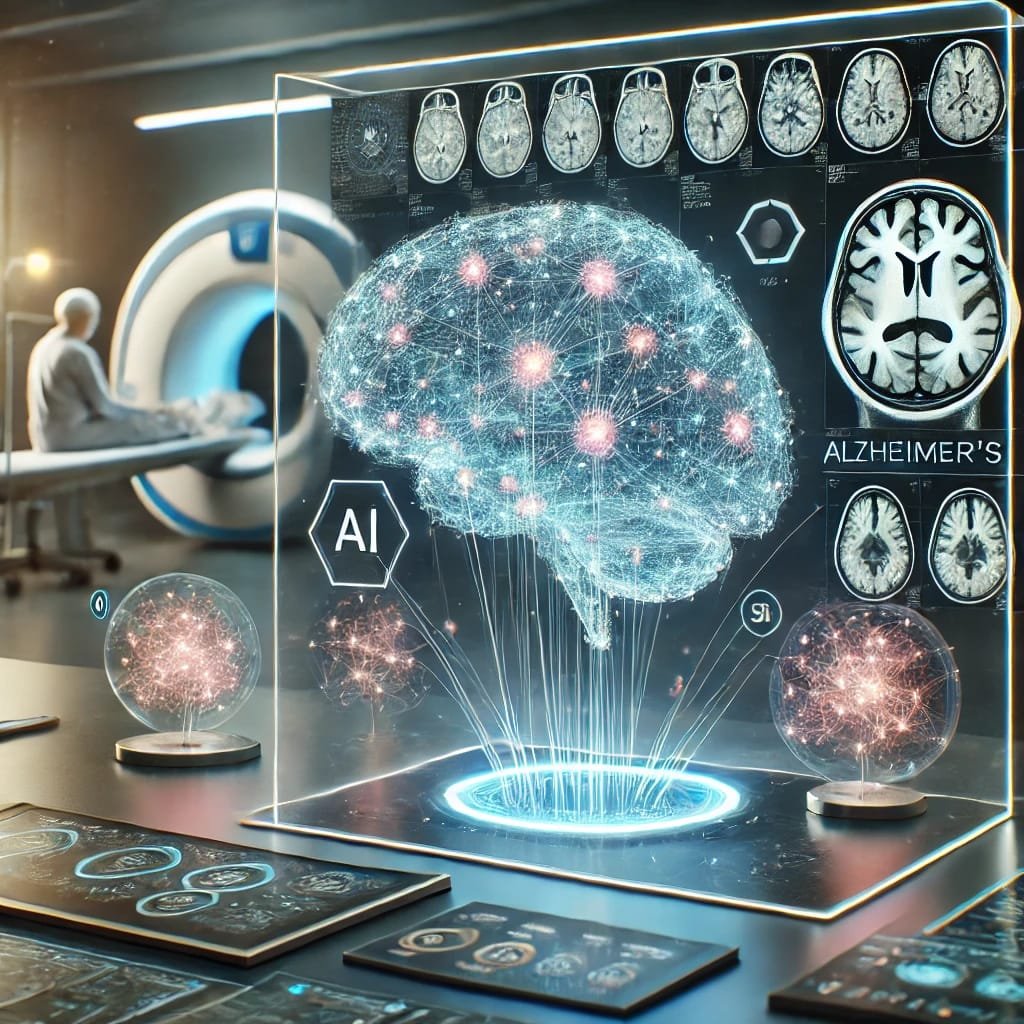 AI technology analyzing brain scans to detect early signs of Alzheimer's disease, using neural pathways and MRI scans for early diagnosis