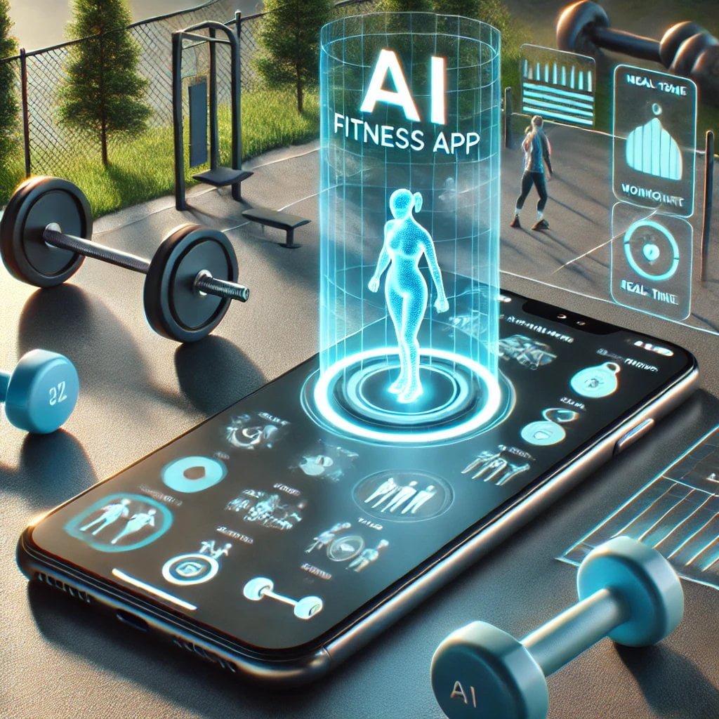 3D image of AI fitness apps on a smartphone, providing a virtual gym experience with real-time workout plans, holographic displays, and game-style features. The app offers accessible fitness routines from any location, whether at home, in a park, or elsewhere."