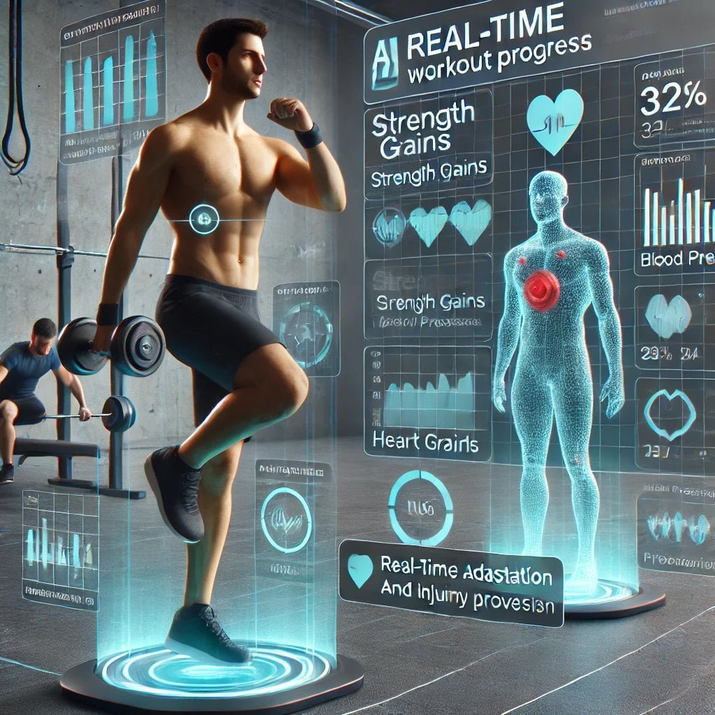 AI-driven fitness dashboard showing real-time progress tracking for a man working out, with metrics like heart rate, strength gains, and blood pressure monitoring in a futuristic gym