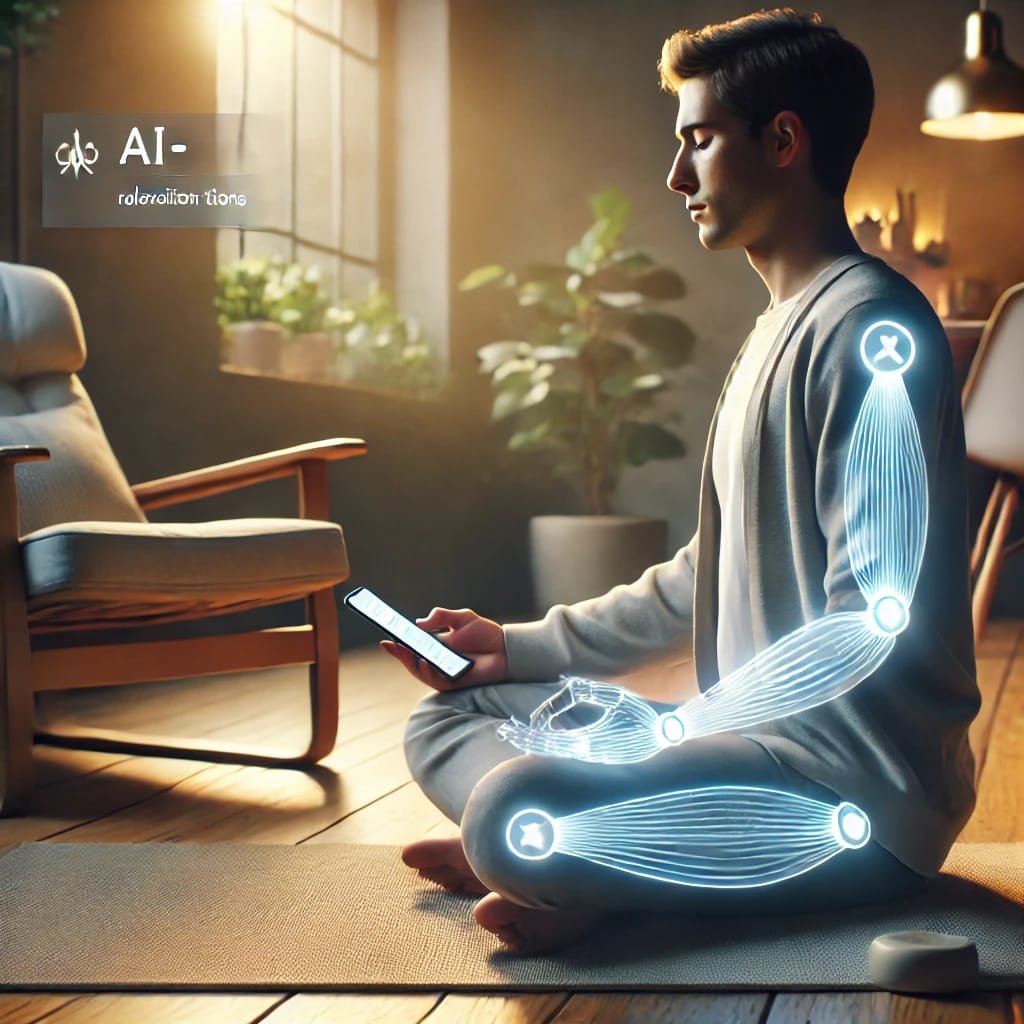AI-driven mindfulness and relaxation techniques on a mobile device, guiding stress-relief in a peaceful environment.