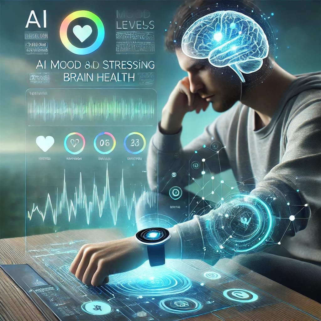 AI-powered device monitoring mood and stress levels to promote emotional wellness and support brain health for Alzheimer's prevention