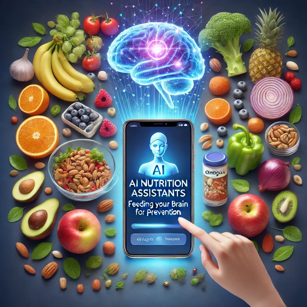 AI nutrition assistant providing brain-healthy diet recommendations with fresh fruits, vegetables, and fish for Alzheimer's prevention