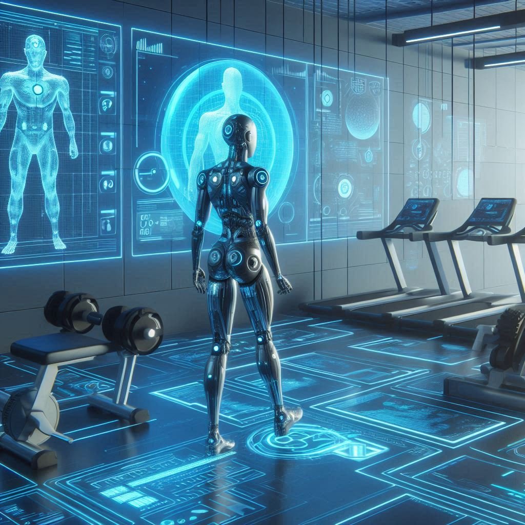 3D futuristic gym with AI personal trainer interface displaying workout plans, real-time heart rate monitoring, and progress tracking