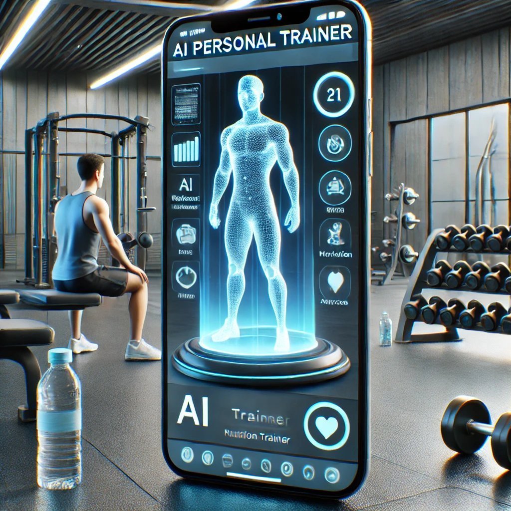 AI personal trainer on a mobile device in a futuristic gym, providing real-time workout feedback and nutrition advice to a man. The AI adjusts exercises for optimal performance at a fraction of the cost of a human trainer.