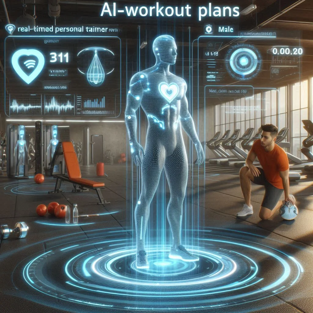 AI-workout plans interface showing real-time workout metrics with wearable tech and smart gym equipment.