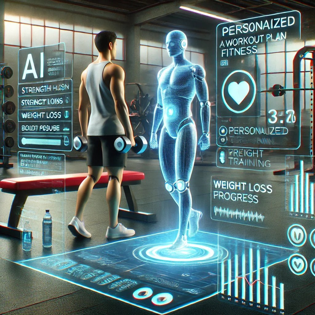 3D image of a personalized AI-driven fitness interface with workout plans tailored to individual goals like strength training, weight loss, and blood pressure monitoring in a futuristic gym.