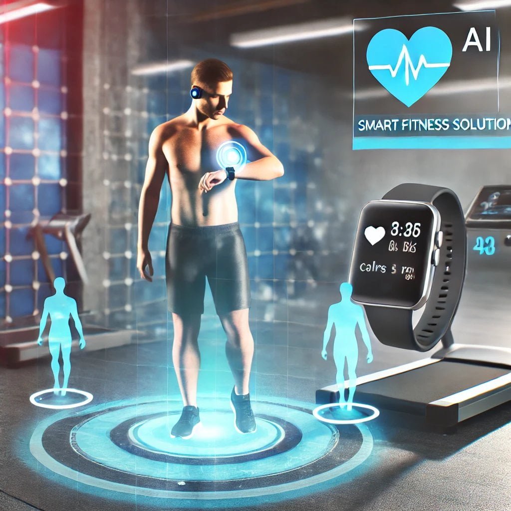 3D image of smart fitness solutions in a futuristic gym integrating wearable devices like fitness trackers and smartwatches. The AI-driven workout plans track real-time progress including heart rate and calories burned."