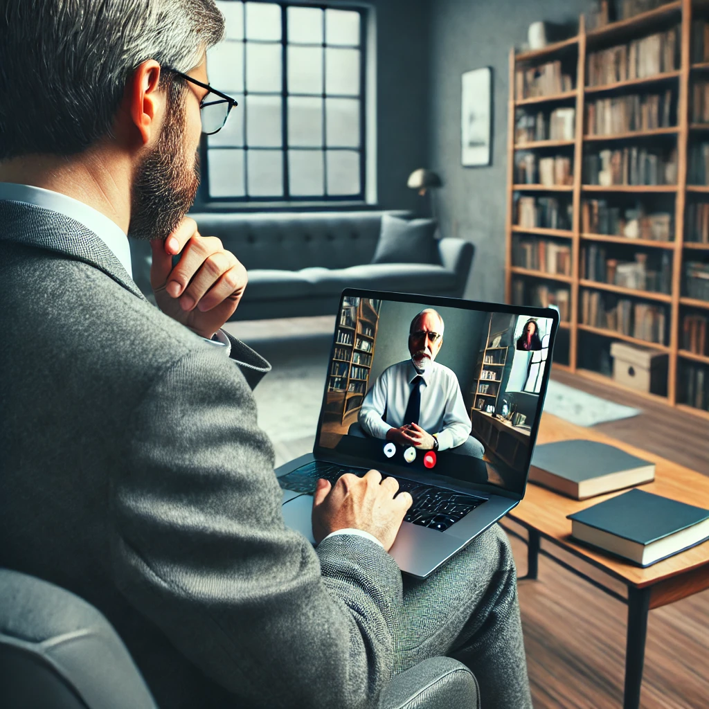 Virtual AI therapist on a video call with an OCD patient, providing mental health support through AI technology